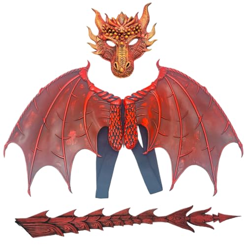 CUCUFA Dragon Kostüm für Kinder Evil Dragon Mask Wings Tail Set PU Schaum Faltbare Kostüme Einer Größe Dragon Cosplay Set rot von CUCUFA