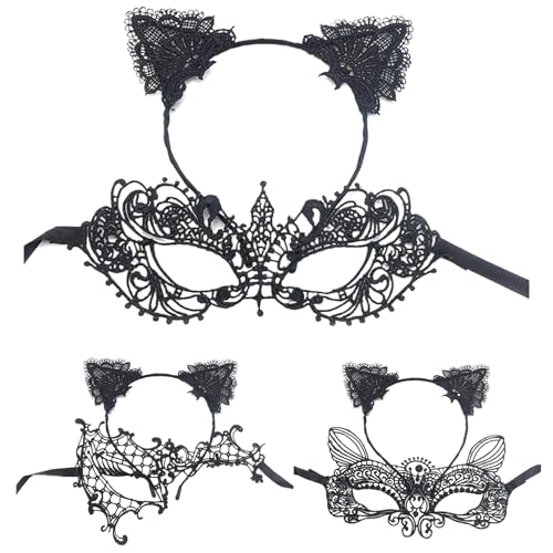 CUCUFA Frauen Maskerade Maske, 3 Sets Schwarze Spitzenmaske, Lady Eyemask mit Riemen, Halloween -Maske für Maskerade von CUCUFA