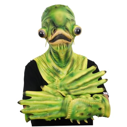 CUCUFA Halloween Masken Halloween Catfish Green Full Head Fischmaske mit Handschuhen Latexfischkostüm für Erwachsene mit Löchern, Latexmaske von CUCUFA