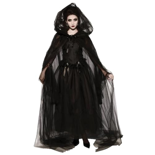 CUCUFA Hexenkostüm für Frauen 1 Set Vintage Renaissance bestickte Geisterbraut Kostüm gruseliges Schwarz -Geister -Kostüm für Halloween, Cosplay, Haunted Mansion, XXL, Ghost Costume von CUCUFA