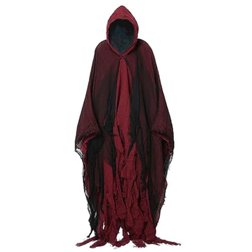 CUCUFA Hooked Umhang Scary Halloween Shabby Lag Cloak mit schwarzem Tüll für Männer, Frauen Vintage Renaissance Cape mit Motorhaube roten Umhang von CUCUFA