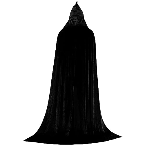 CUCUFA Schwarzes Umhang mit Motorhaube, 51,2 Zoll schwarzes Samtum Cape, Kapuze -Kap -Erwachsener, L Vampire Wizard Robe, Halloween Kostüm von CUCUFA