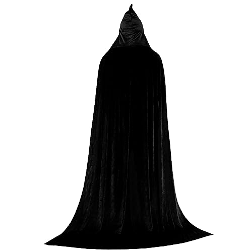 CUCUFA Schwarzes Umhang mit Motorhaube, 51,2 Zoll schwarzes Samtum Cape, Kapuze -Kap -Erwachsener, M Vampire Wizard Robe, Halloween Kostüm von CUCUFA