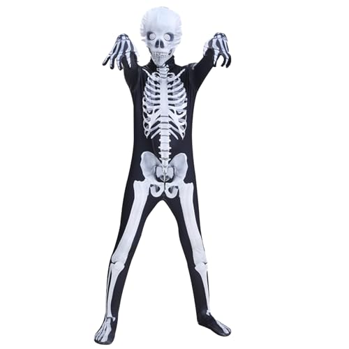 CUCUFA Skelettkostüm für Kinder, Kinder Skelettkostüm, M Halloween Kostüme beängstigend, Unisex Jumpsuit für Cosplay von CUCUFA