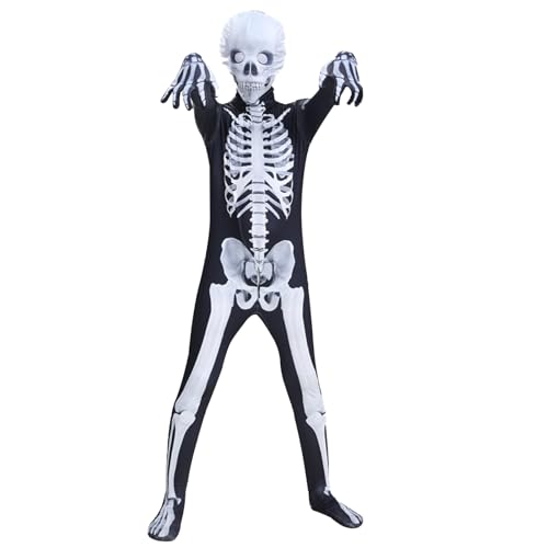 CUCUFA Skelettkostüm für Kinder Polyester Halloween Kostüme gruseliger Schwarz-Weiß-Bodysuit Skeleton Onesie Unisex Jumpsuit für Dress-up Cosplay Party, Anzug für 8-10 Jahre, Skeleton Onesie von CUCUFA