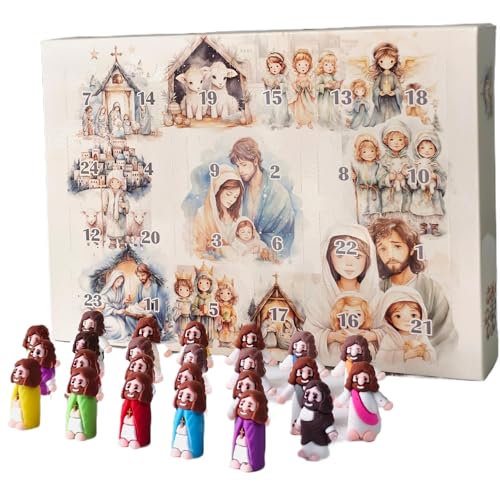 CUCUFA Weihnachtsab Adventskalender 2024, 24 Verschiedene 1,4x0.5 Jesus Puppe, 24 -Tage -Adventskalender Gelb, Weihnachts -Countdown -Kalender von CUCUFA