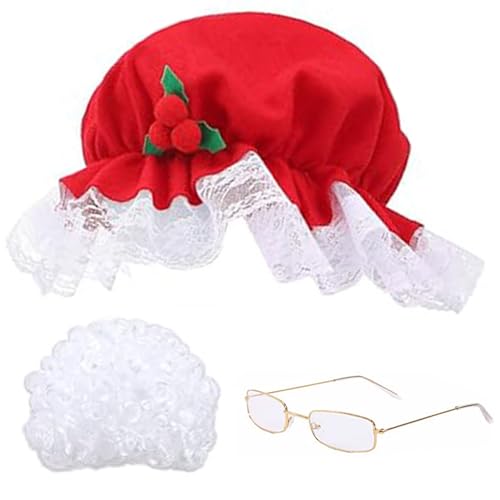 CUCUFA Weihnachtshüte für Erwachsene, 4 PCs/Set Mrs Claus Kostüm umfassen weiße Perücke, roter Weihnachtshut, Brille, Haarnetz von CUCUFA