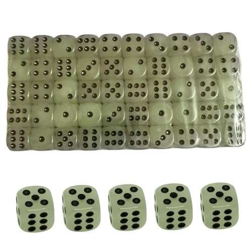 CUCUFA Glühen im Dunklen Würfel, 100 -pcs -Würfel -Set, Acryl -16 -mm -Würfel -Set, leuchtendes Würfelsatz, 6 -seitige Würfel mit schwarzen Punkten für Tischbrettspiele von CUCUFA