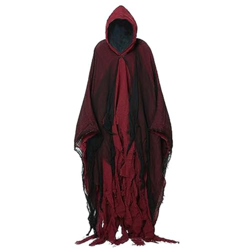 Hooked Cloak Scary Halloween Shabby Lag Cloak mit schwarzem Tüll für Männer, Frauen Vintage mittelalterliche Renaissance -Umhang mit Kapuze für Cosplay, Kostüm, Bühne, Filmprop (rot), schwarzer Umhan von CUCUFA