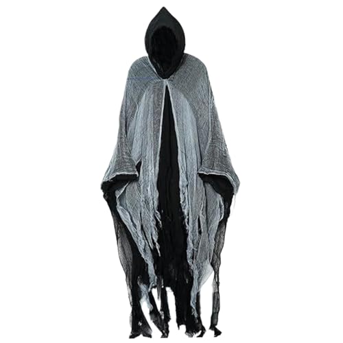 Hooked Cloak Scary Halloween Shabby Lag Cloak mit weißem Tüll für Männer, Frauen Vintage mittelalterliche Renaissance -Umhang mit Kapuze für Cosplay, Kostüm, Bühne, Filmpropie (schwarz), schwarzer Um von CUCUFA