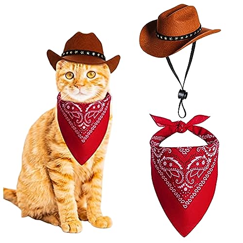 Hund Cowboy Kostüm 2PCS Hund Cowboyhut und Bandana Schal westliches Haustier Halloween Kostüme Accessoires für Welpen Kätzchen Cosplay Party Festival täglich tragen, Hund Halloween Kostüme von CUCUFA