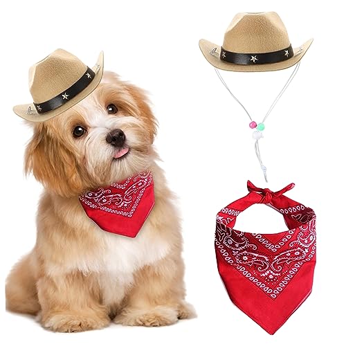 Hund Cowboy Kostüm 2PCS Hund Cowboyhut und Bandana Schal westliches Haustier Halloween Kostüme Accessoires für Welpen Kätzchen Cosplay Party Festival täglich tragen, Hund Halloween Kostüme von CUCUFA