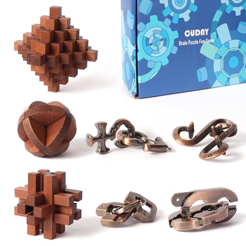 CUDNY 7 Stück Unlock Interlock Brain Teaser Games Retro Holz und Metall Puzzles IQ Logik Spaß Puzzle Box von CUDNY