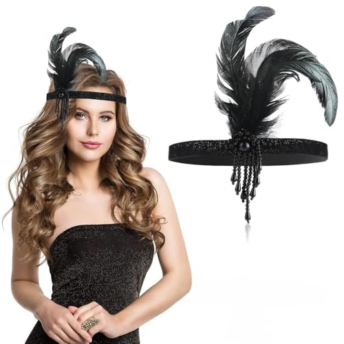 CUEMOON 1920s Stirnband 20er Jahre Accessoires Kopfschmuck, Gatsby Kostüm Accessoires Damen Flapper Feder Vintage Haarband Charleston für Karneval Art Deco Kostüm Schwarz von CUEMOON