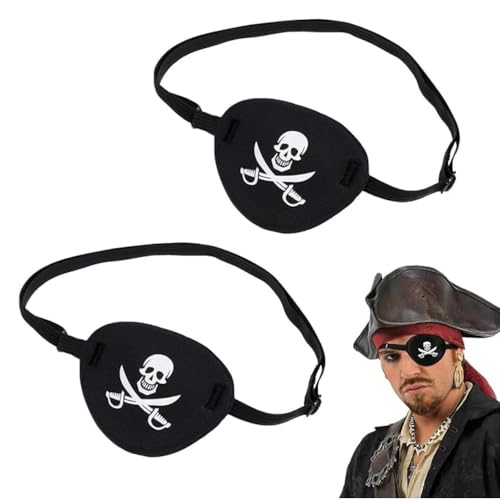 CUEMOON 2 Stück Piratenkapitän Augenklappe, Einzelne Totenkopf Augenklappe, Totenkopf Piraten Augenmaske, für Kinder, Halloween, Piraten Mottoparty Schwarz von CUEMOON