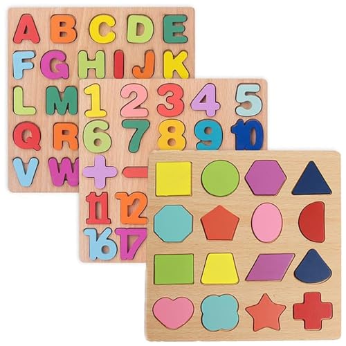 CUEMOON 3 Stück Puzzle -Holzpuzzle Kinder Steckpuzzle Holz Greifpuzzle Zahlen Buchstaben Grafiken ab 3+ Jahre Kinder Spielzeug für frühes Lernen Bildungsspiele von CUEMOON