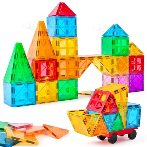 CUIOLTOY Magnetische Bausteine, 50PCS Konstruktion Bauen Set Bunte Magnetbausteine für Kinder ab 3+ Jahren, Magnetspielzeug Starterset mit 1 Auto für Kinder Geburtstag Geschenk von CUIOLTOY