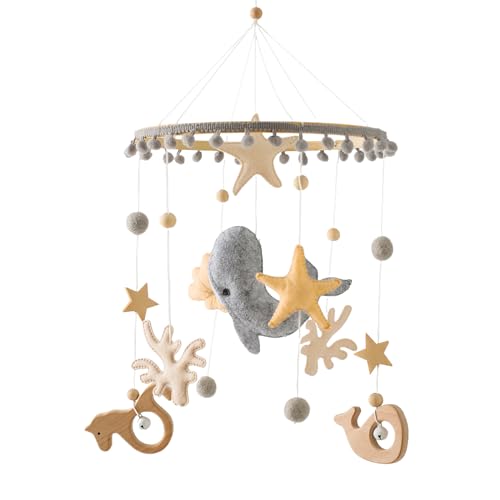 CULASIGN Mobile Baby Windspiel, Mobile Babybett aus Filz mit 3D Meerestiere Wal, Baby Mobile für Bett zum Aufhängen, Mobile Wickeltisch Geschenk für Neugeborenen Kinder Jungen Mädchen (Grau) von CULASIGN