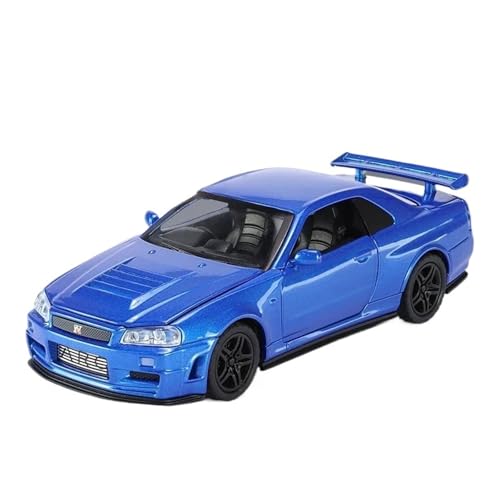 1:32 Für Nissan GTR R34 Legierung Automodell Druckguss Metall Spielzeugfahrzeuge Automodell Simulation Sound Und Licht Sammlung Modellauto(Blau) von CULLDA