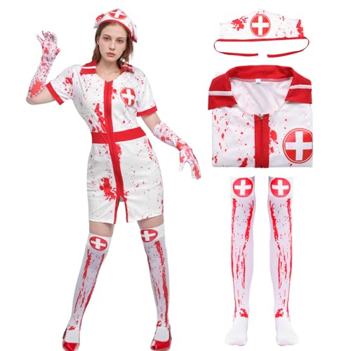 CULTURE PARTY Blutrünstiges Zombie-Krankenschwester-Kostüm für Damen, Halloween-Kostüm, Verkleidung für Erwachsene, blutiges Krankenschwester-Outfit mit blutfleckigen Strümpfen, Halloween-blutiges von CULTURE PARTY