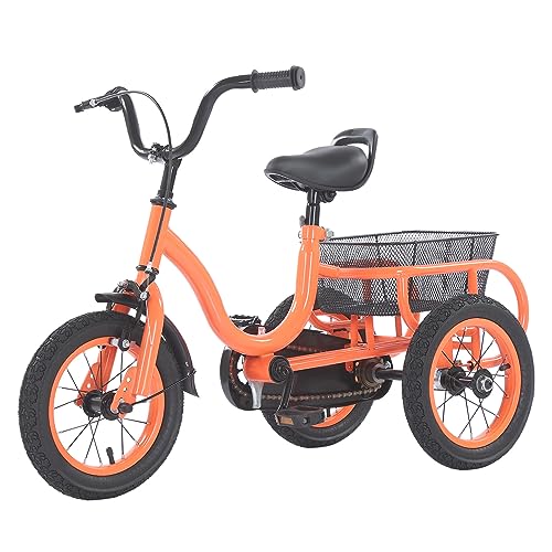 12 Zoll Kinderdreirad, 3 Rad Fahrrad Kinder Mit Einkaufskorb & Verstellbarer Lenker&Sattel, Tricycle FahrräDer FüR MäDchen & Jungen, Fahrrad Dreirad Kinder FüR Erholung, Einkaufen Kinderdreirad,Orange von CUMELLIIR