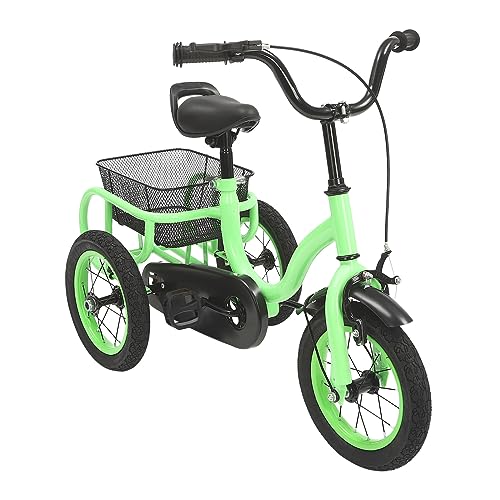 12 Zoll Kinderdreirad, 3 Rad Fahrrad Kinder Mit Einkaufskorb & Verstellbarer Lenker&Sattel, Tricycle FahrräDer FüR MäDchen & Jungen, Fahrrad Dreirad Kinder FüR Erholung, Einkaufen Kinderdreirad, GrüN von CUMELLIIR