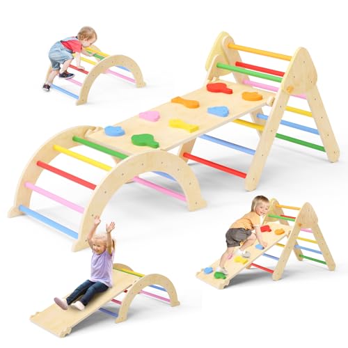 7-in-1 Montessori Klettergerüst Set,Indoor Kletterdreieck,faltbares Kletterspielzeug für den Innenbereich, Montessori-Kletterset aus Holz mit Bogen, Rampe und Leiter für Kinder (Regenbogenfarbe) von CUPCHID