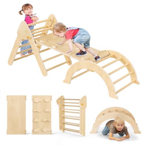 CUPCHID 7-in-1 Montessori Klettergerüst Set,Indoor Kletterdreieck,faltbares Kletterspielzeug für den Innenbereich, Montessori-Kletterset aus Holz mit Bogen, Rampe und Leiter für Kinder (Holzfarbe) von CUPCHID