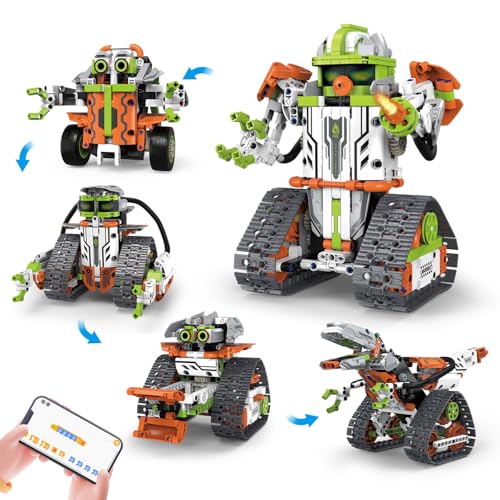 Bausteinspielzeug,Technik Ferngesteuert Bauspielzeug,5 in 1 App & Fernsteuerung Technic Roboter Panzer Auto Bausätze 560 Stück, RC Spielzeug Geschenk für Jungen Mädchen ab 6-12 Jahre(Gelb Grün) von CUPCHID