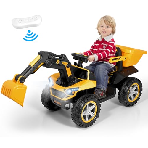 CUPCHID Elektro-Bagger für Kinder, Bagger für Kinder mit Fernbedienung 2.4GHz mit flexiblem Grabarm, LED-Licht, Musik, Bluetooth-Funktion (Gelb) von CUPCHID