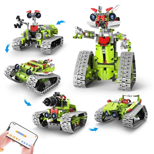 CUPCHID Technik Ferngesteuert Bauspielzeug,5 in 1 App & Fernsteuerung Technic Roboter Panzer Auto Bausätze 560 Stück, RC Spielzeug Geschenk für Jungen Mädchen ab 6-12 Jahre（Green） von CUPCHID