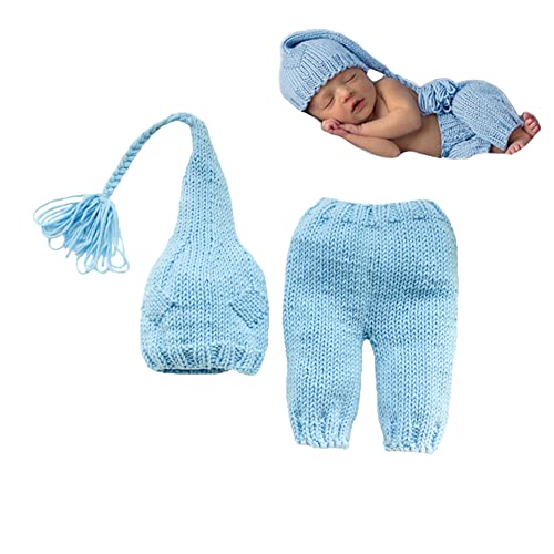 Fotografie-Outfits für Neugeborene, Jungen, Mädchen, Baby-Fotoshooting, Häkel-Kostüm, Requisiten, modisches Strickset, Mütze, Hose (Hellblau) von CUTEBBPHOTO