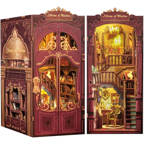 CUTEBEE Book Nook Kit, DIY Miniatur Haus Puppenhaus Booknook Bibliothek Kit, 3D Holz Puzzle Buchstütze Dekor mit LED-Licht Modellbausätze für Jugendliche und Erwachsene(Library of Wisdon) von CUTEBEE