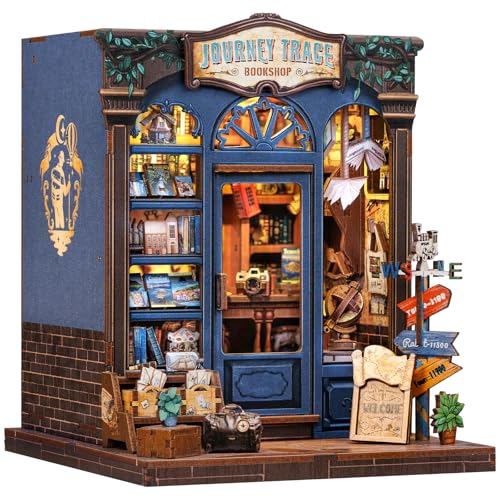 CUTEBEE Book Nook Kit,DIY Miniatur Haus Bausatz für Erwachsene,Buch Nook Kit mit LED-Licht,3D Puzzle Buchstütze aus Holz Modellbausatz Bastelset Bücherregal Deko Geschenken Journey Trace Bookshop von CUTEBEE