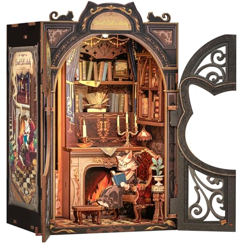 CUTEBEE Book Nook Kit - DIY Miniatur-Puppenhaus Bausatz mit LED-Beleuchtung, Kreativmodell für Erwachsene als Bücherregal-Deko | Geschenkset (Count Cat's Study) von CUTEBEE