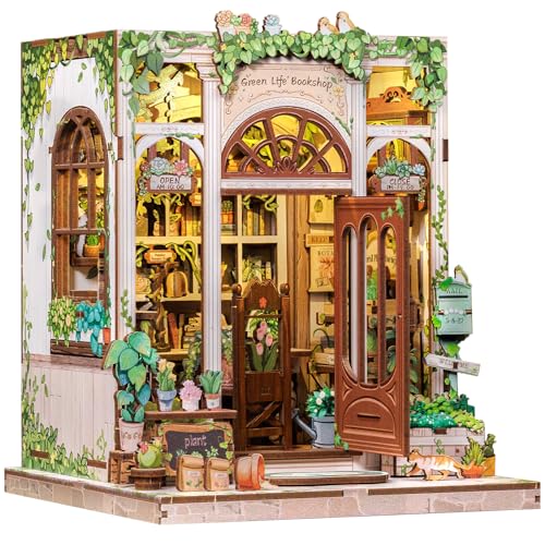 CUTEBEE DIY Book Nook Kit – Miniatur-Holzhaus Modellbausatz für Erwachsene mit LED-Beleuchtung, 3D Puzzle & Buchstütze | Kreativset zur Bücherregal-Deko | Geschenk (Green Life Bookshop) von CUTEBEE