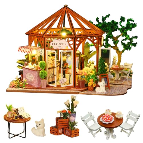 DIY Miniatur Haus Bausatz, CUTEROOM Blumenladen Puppenhaus Bausatz, kleines Haus Bausatz für Erwachsene zum Bauen, Mini Haus Bausatz mit Möbeln und LED Geburtstagsgeschenken (Flower Shop) von CUTEROOM