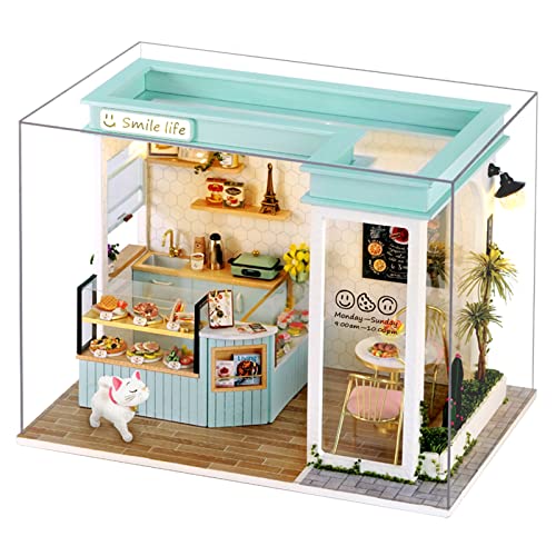 Miniatur Puppenhaus Kit, CUTEROOM Mini Cake Shop Modellbausätze mit LED-Lichtern und staubdichter Abdeckung, DIY-Puppenhaus-Kit Handwerk Geburtstagsgeschenke für Frauen Mädchen (Smile Eatery) von CUTEROOM