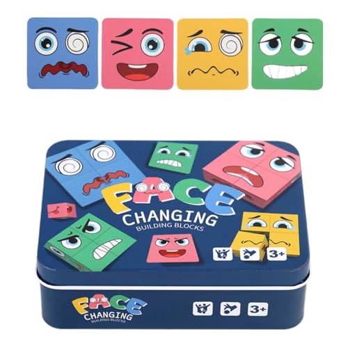 CUTeFiorino Compatible with Motorikschleifen Wooden Changing Cube Game 3D Puzzle Changing Cube Expression Puzzle Building Pattern Matching Game with Expression Cards 3D Puzzles Toy (Blue, One Size) von CUTeFiorino