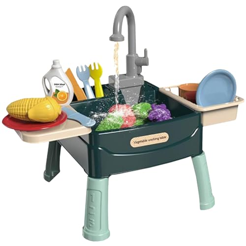 CUTeFiorino Kochset Für Kinderküche Spielspüle mit fließendem Wasser für Kinder 3 Jahren, 23-teiliges Set aus Kunststoff, Spielzeugspüle mit Obst- und Grill Mit Mechanischen (Green, One Size) von CUTeFiorino