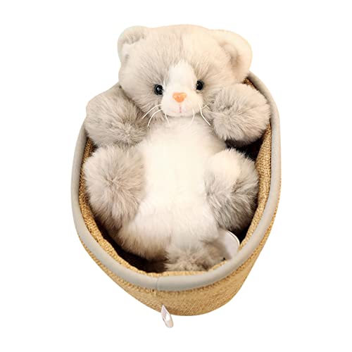 CUTeFiorino Plüschtier 30 cm Schöne gefüllte realistische Katzen im Korb Puppe Mini gewebte Katze Dekor für Zimmer Hand für Baby Kinder Mädchen Geburtstag 15 cm (Grey, One Size) von CUTeFiorino