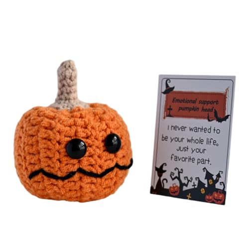 CVZQTE Cartoon gestrickter Kürbiskopf Spielzeug mit Motivationskarten Halloween kleiner Kürbis mit Hut Häkelpuppen zum Verschenken von CVZQTE