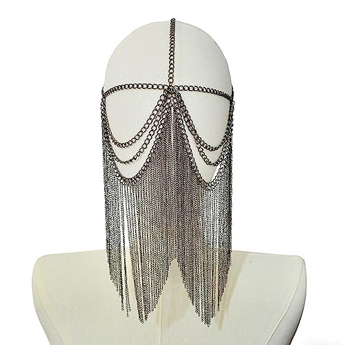 CVZQTE Elegante Metall-Maske, Tanz-Gesichtskette, Schmuck, Gothic, Punk, Quasten, Kopfbedeckung, Kette, Maske für Party und Abschlussball von CVZQTE