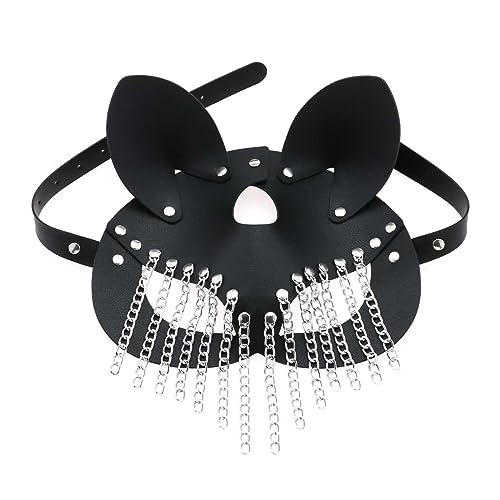 CVZQTE PU Leder Maske mit Kette Quasten für Damen Herren Kostüm Cosplay Halloween Maske Mysterious Half Face Punk Maske von CVZQTE