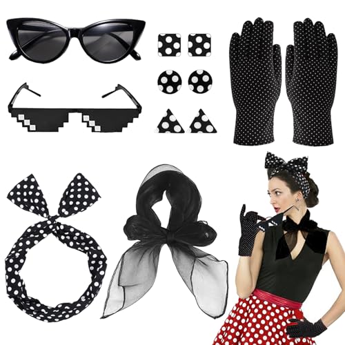 CWENDANER 8 Stück Rockabilly Accessoires Damen, 50er Jahre Outfit Damen, Damen Vintage Kleidungszubehör 60er, mit Chiffon Schal Polka Dot Stirnband Katzen Auge Brille Ohrringe, Mosaik Brille Unisex von CWENDANER