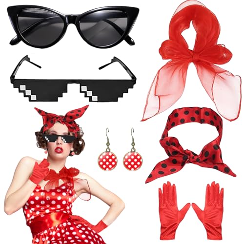 CWENDANER 6 Stück Rockabilly Accessoires Damen, 50er Jahre Outfit Damen, Damen Vintage Kleidungszubehör, mit Chiffon Schal Polka Dot Stirnband Katzen Auge Brille, Mosaik Brille Unisex von CWENDANER