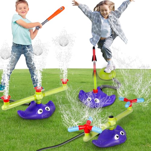 CWLAKON 4-in-1 Wasser-Sprinkler Baseball & Raketenstart für Kinder, Outdoor Sommer Wasserspielzeug mit 3 Düsen, 2 360° Sprinkler, 3 Raketen, Garten Pool Strandspiele für Jungen Mädchen ab 3-12 Jahren von CWLAKON