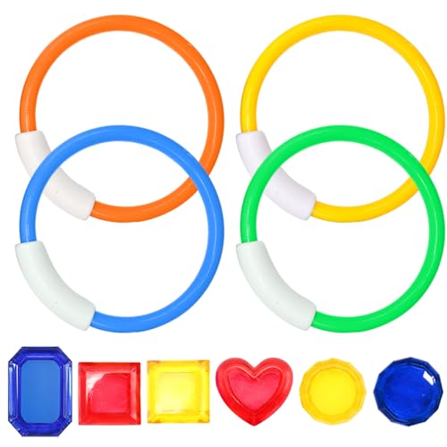 CWPFVQA 4 Stück Bunte Tauchringe, 6 Stück Tauchedelsteine, Tauchringspielzeug, Schwimmbecken-Trainingsringe, Taucharmbänder, Kinderbeckenspielzeug von CWPFVQA