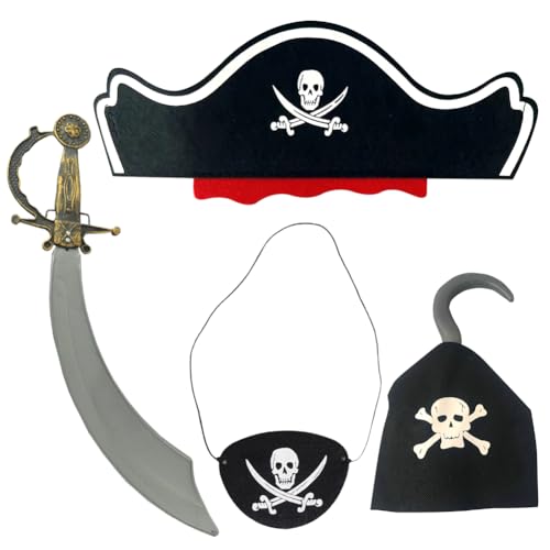 Piraten Zubehör Set, 4PCS Kinder Piraten Kostüm zubehör Cosplay Kostüm Accessoires mit Piratenhut Augenklappe Piratenhaken Requisiten Spielzeug Partyzubehör für Halloween Pirat Thema Party Cosplay von CWXCYVR