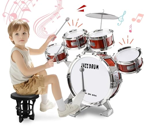 Spielzeug-Schlagzeug-Set für Kleinkinder, Musikspielzeug für 3 4 5 Jahre alte Kinder, Jazz-Trommel-Set mit Hocker, 5 Trommeln, Percussion-Musikinstrumente, Spielzeug für Jungen und Mädchen, von CWYQ